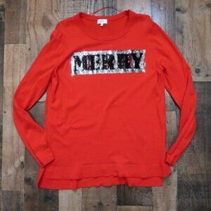 Crown & Ivy Merry and Bright Large Reverse Sequin Christmas Sweater Red